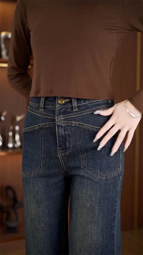 Women's Narrow Straight Leg Jeans  Fall Winter New Plush Lined Thick Korean Retro Relaxed Casual Trousers High Waist Flattering