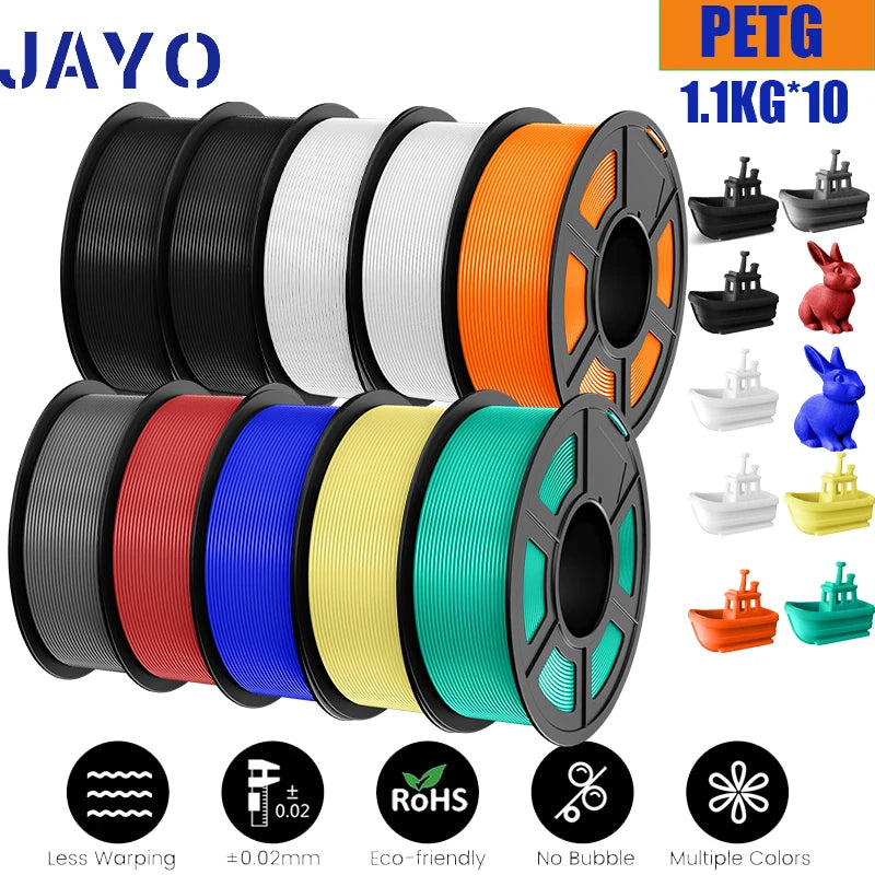 JAYO petg Filament 3d PETG 1.75mm 10Rolls Neatly Wound Toughness no bubbles 3D Printer Filament for FDM Muticolor 1.1KG /roll - trendingshoping.com