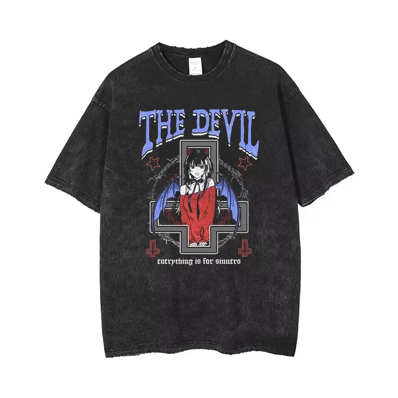 Gothic Anime Printed T-Shirt Men's - Oversized Punk Streetwear Vintage Tee