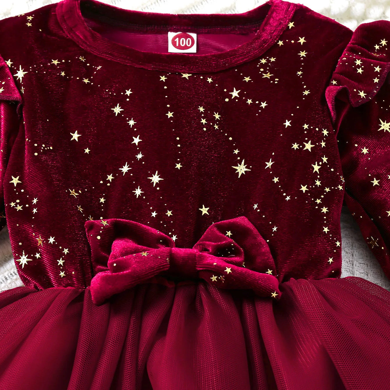 Girls Autumn Winter Velvet Long Sleeve Princess Dress With Mesh Bow Party Festive Wear
