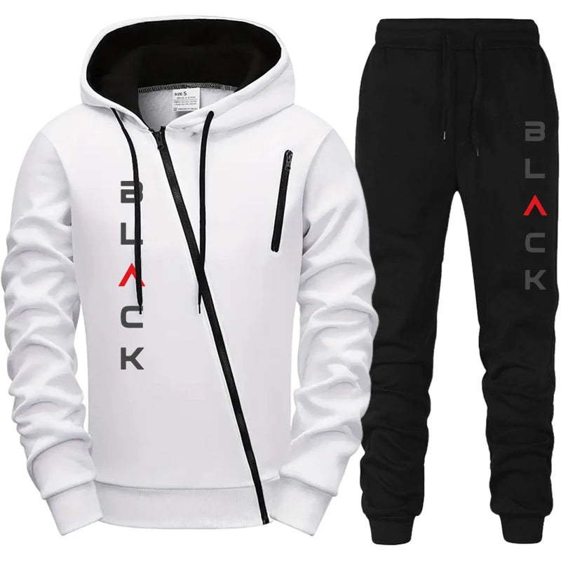 Men’s Tracksuit Set 2025 Black – Zipper Hoodie Jacket, Letter Print Jogger Sweatpants, Autumn Winter Casual Wear