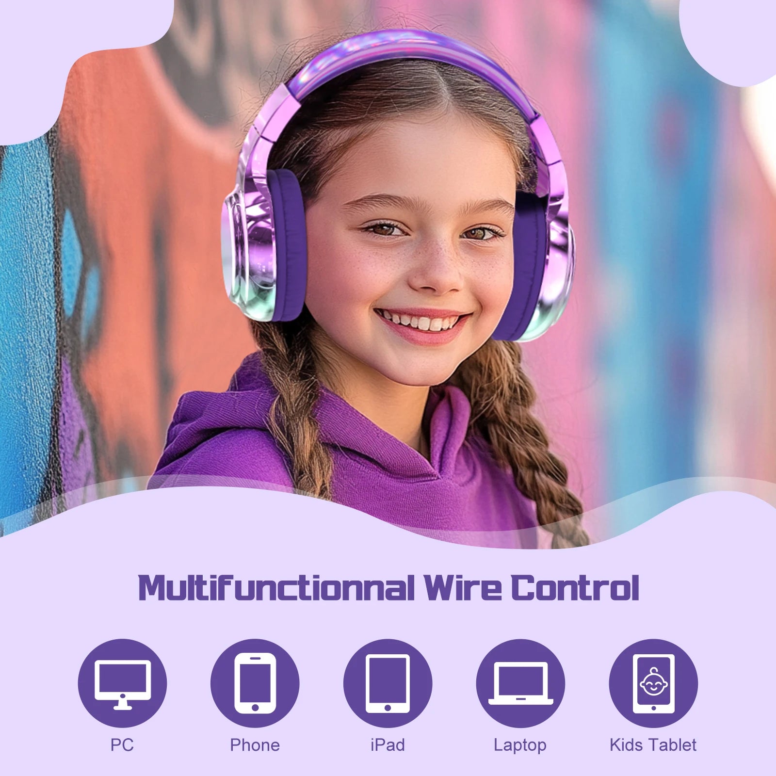 Glossy Bluetooth Headphones For Kids Girls Wireless Stereo Headset With Mic