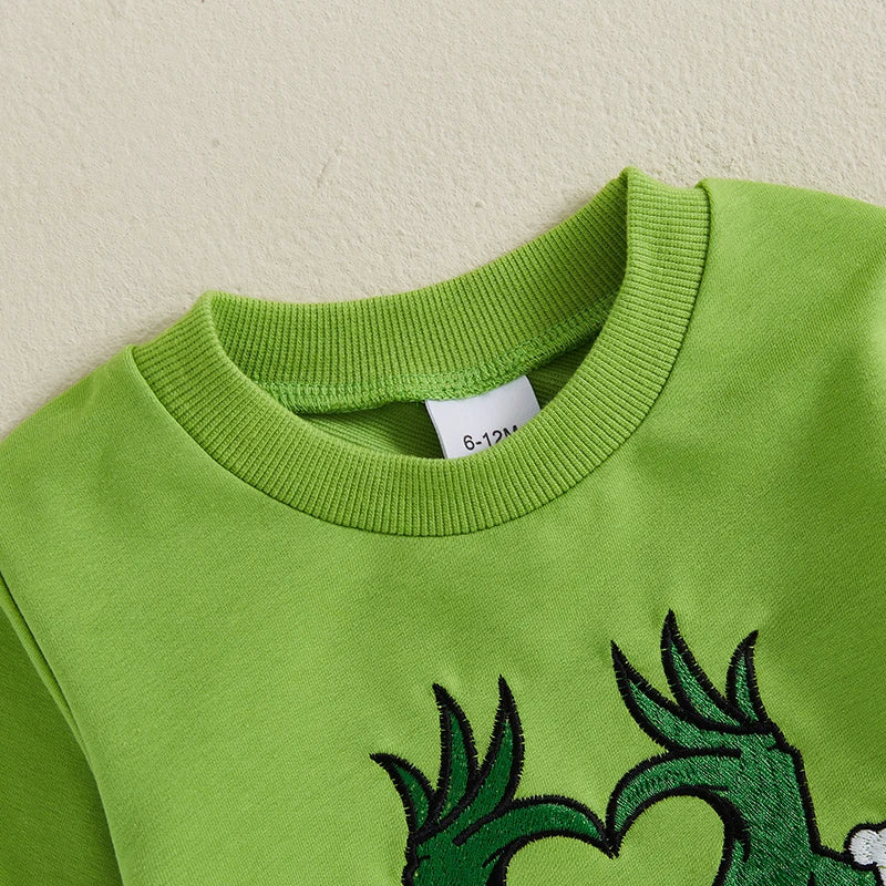 Baby Boy Girl Christmas Outfit Green Monster Long Sleeve Sweatshirt Solid Long Pants 2 Piece Set