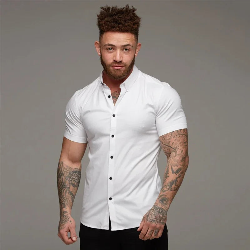 Men’s Summer Short Sleeve Slim Fit Solid Dress Shirt Business Casual Top