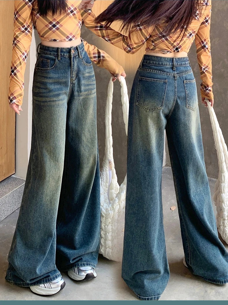 Womens Jeans Denim Pants 2025 Euramerican High Waist Girl Style Colorful Straight Leg Wide Leg Trousers