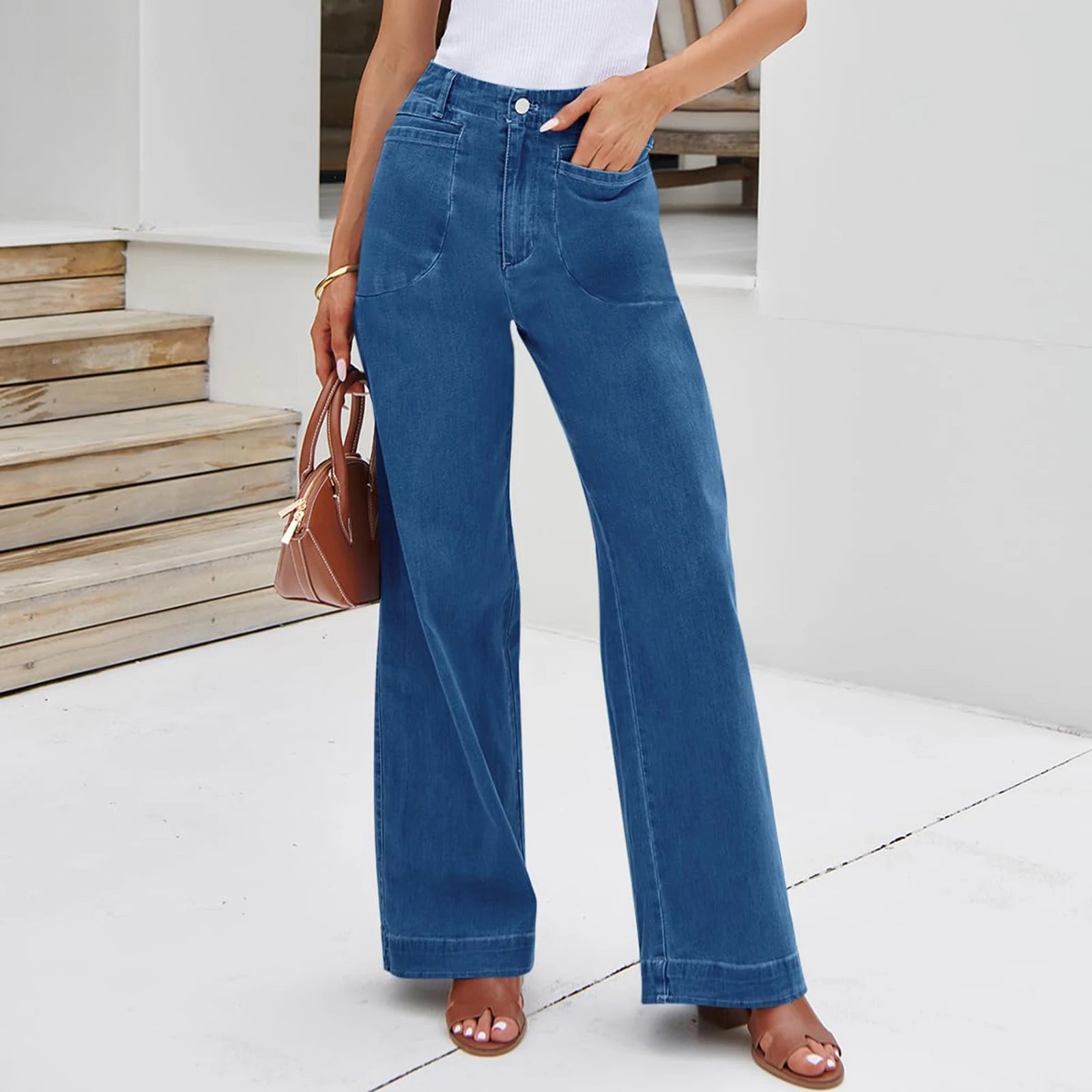 Womens High Waist Spring Wide Leg Straight Jeans Retro Style