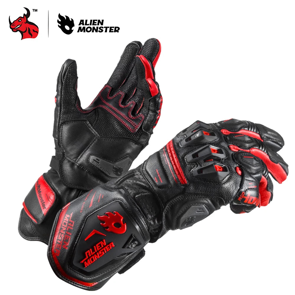 Motorcycle Gloves Full Finger Genuine Leather Long Abrasion-Resistant Riding Gloves with Knuckle Wrist Protection