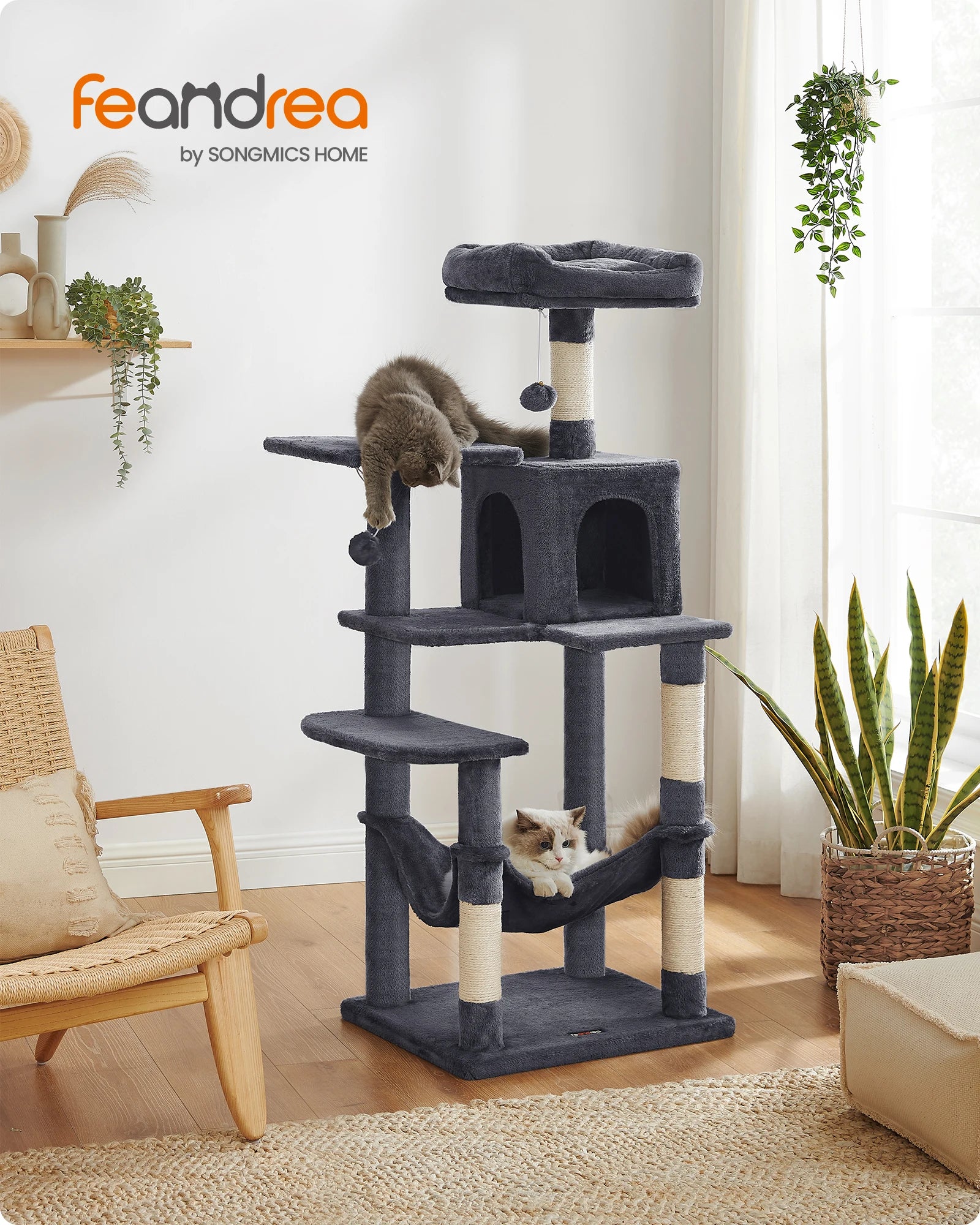 Feandrea scratching post, 143 cm high, cat tree, multi-storey cat house, with 4 scratching pillars, 2 platforms, hammock, Cave - trendingshoping.com