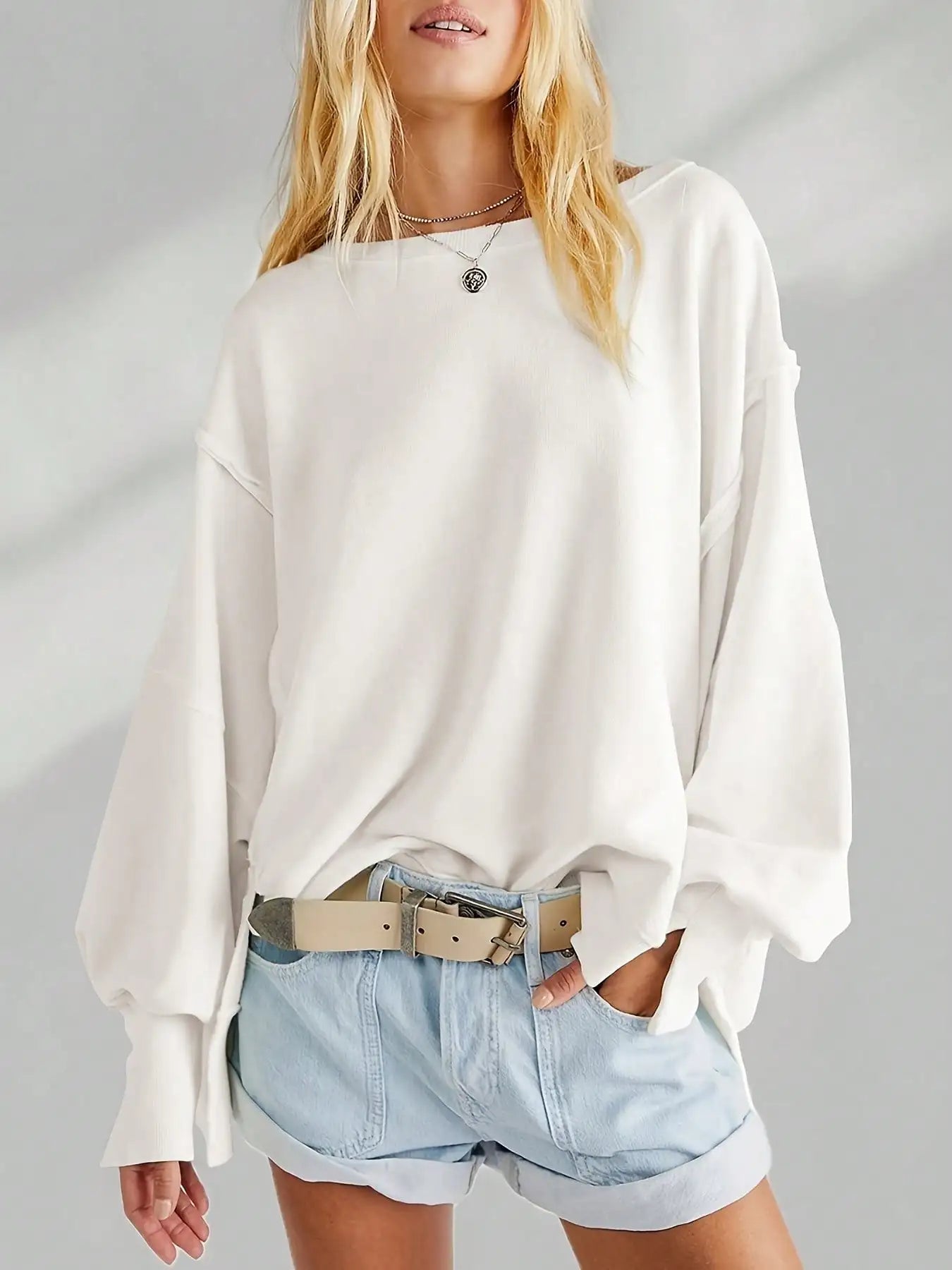 Women Spring Autumn Long Sleeve Loose Tops Crew Neck Striped Side Slits Shirt Casual Pullover Sweatshirt Tops