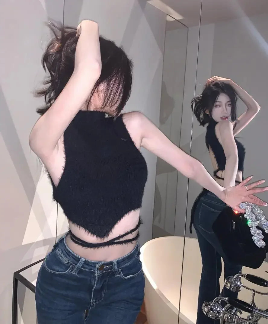 Women Knit Halter Crop Top Furry Lace Up Sleeveless