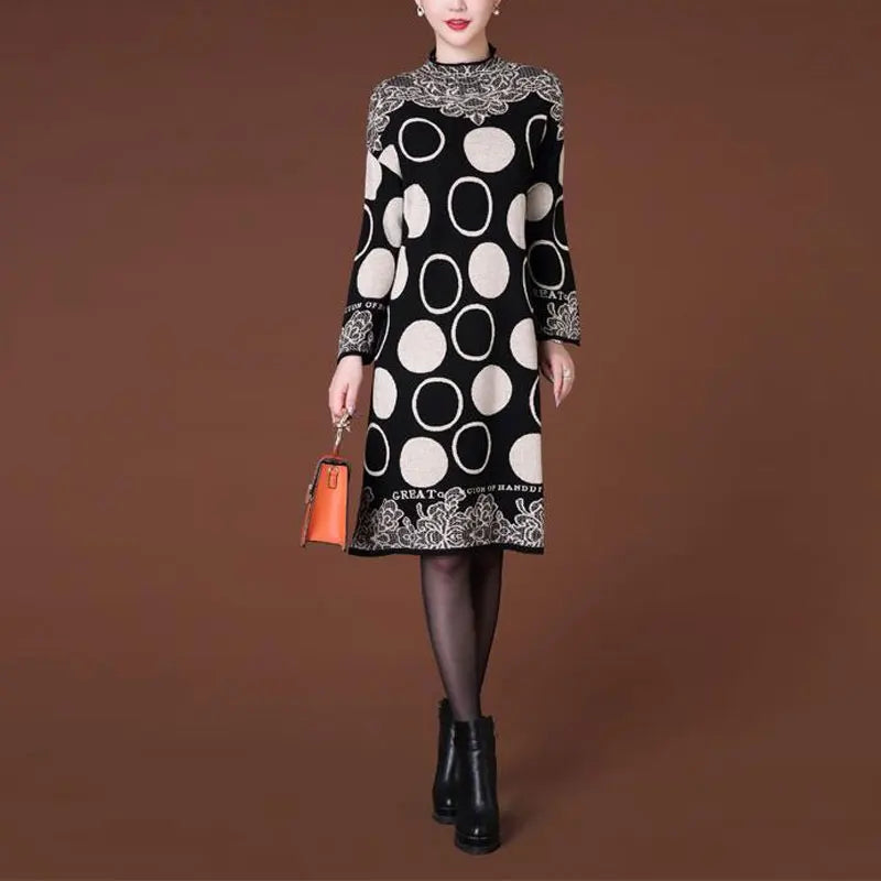 Fashion Vintage Printed Midi Dress Women's Clothing Long Sleeve Casual Polka Dot Autumn Winter Half High Collar Knitted Dresses