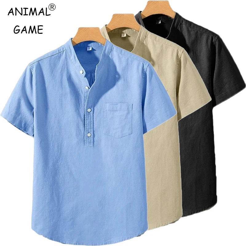 Men’s Short Sleeve Stand Collar T-Shirt Solid Color Loose Fit Summer Cotton Top