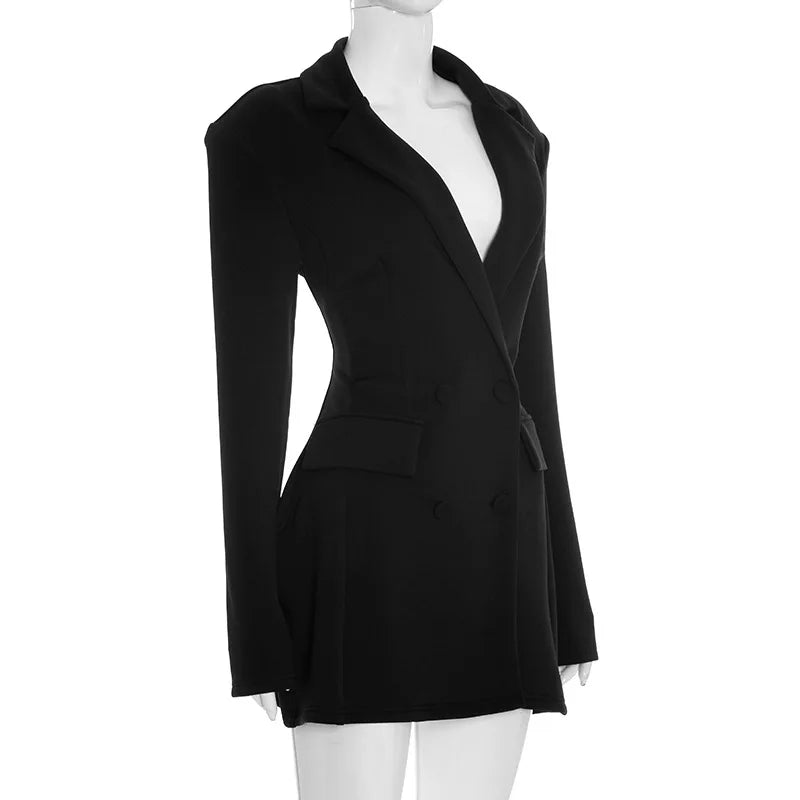 Women’s Deep V Neck Long Sleeve Mini Blazer Dress Double Breasted High Waist