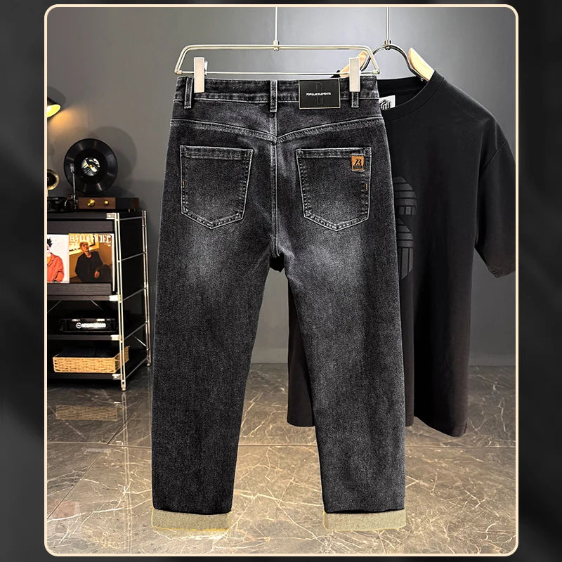 Men's Classic Straight Leg Stretch Jeans - Casual Autumn Winter Denim Trousers
