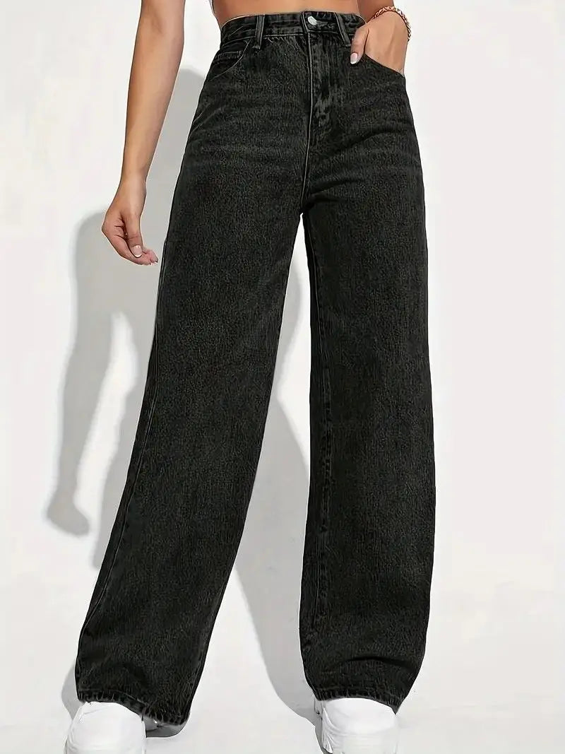 New ForeignWomen's High-Waisted Wide-Leg Jeans - Straight Loose Fit Denim with Elegant Drape Trade