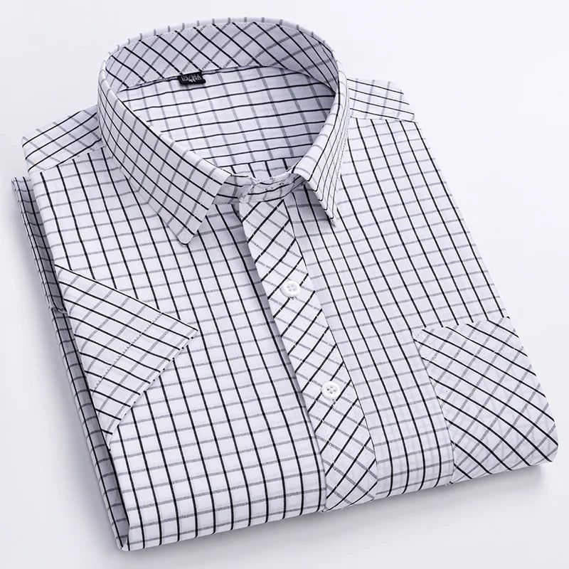 Men's Casual Cotton Plaid Shirt – Short Sleeve Summer Shirt, Elegant Business & Smart Dress Shirt, England Fashion Top