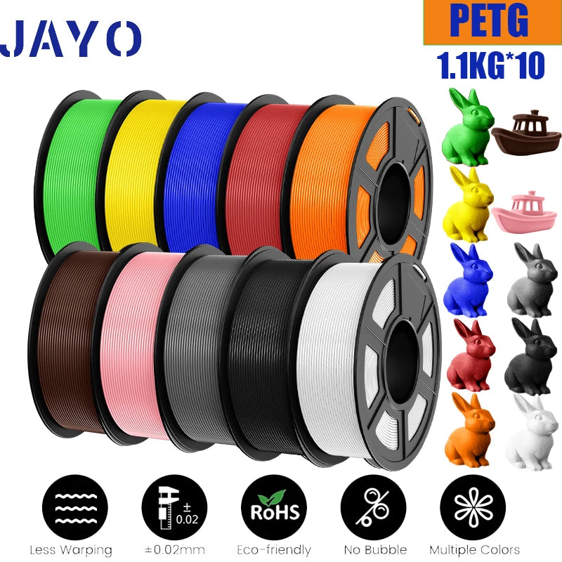 JAYO petg Filament 3d PETG 1.75mm 10Rolls Neatly Wound Toughness no bubbles 3D Printer Filament for FDM Muticolor 1.1KG /roll - trendingshoping.com