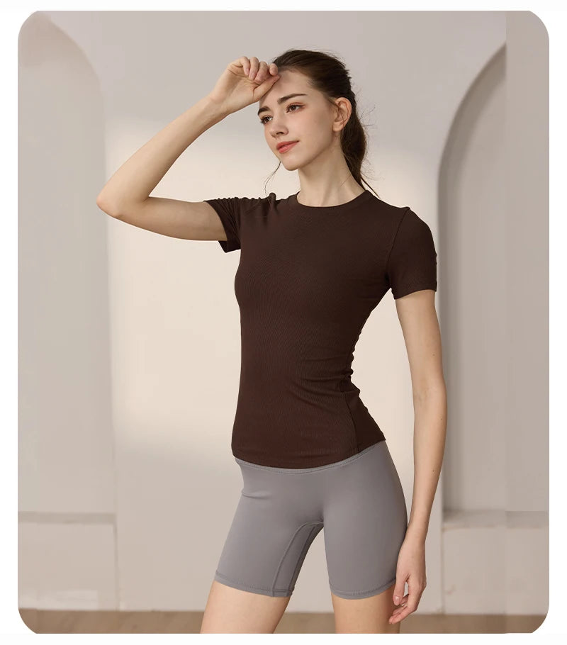 Women’s Slim-Fit Yoga T-Shirt - Short Sleeve Seamless Top for Pilates & Gym