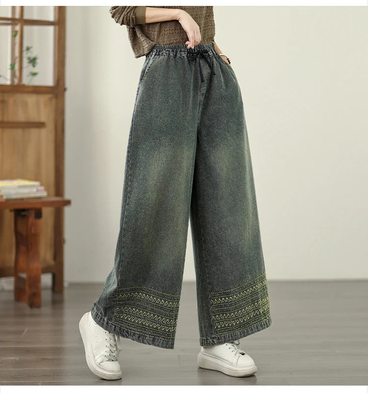 Jeans Women 2025 Autumn New Jeans Retro Heavy Industry Embroidery Ethnic Style Elastic Waist Casual Oversized Wide Leg Pants - trendingshoping.com