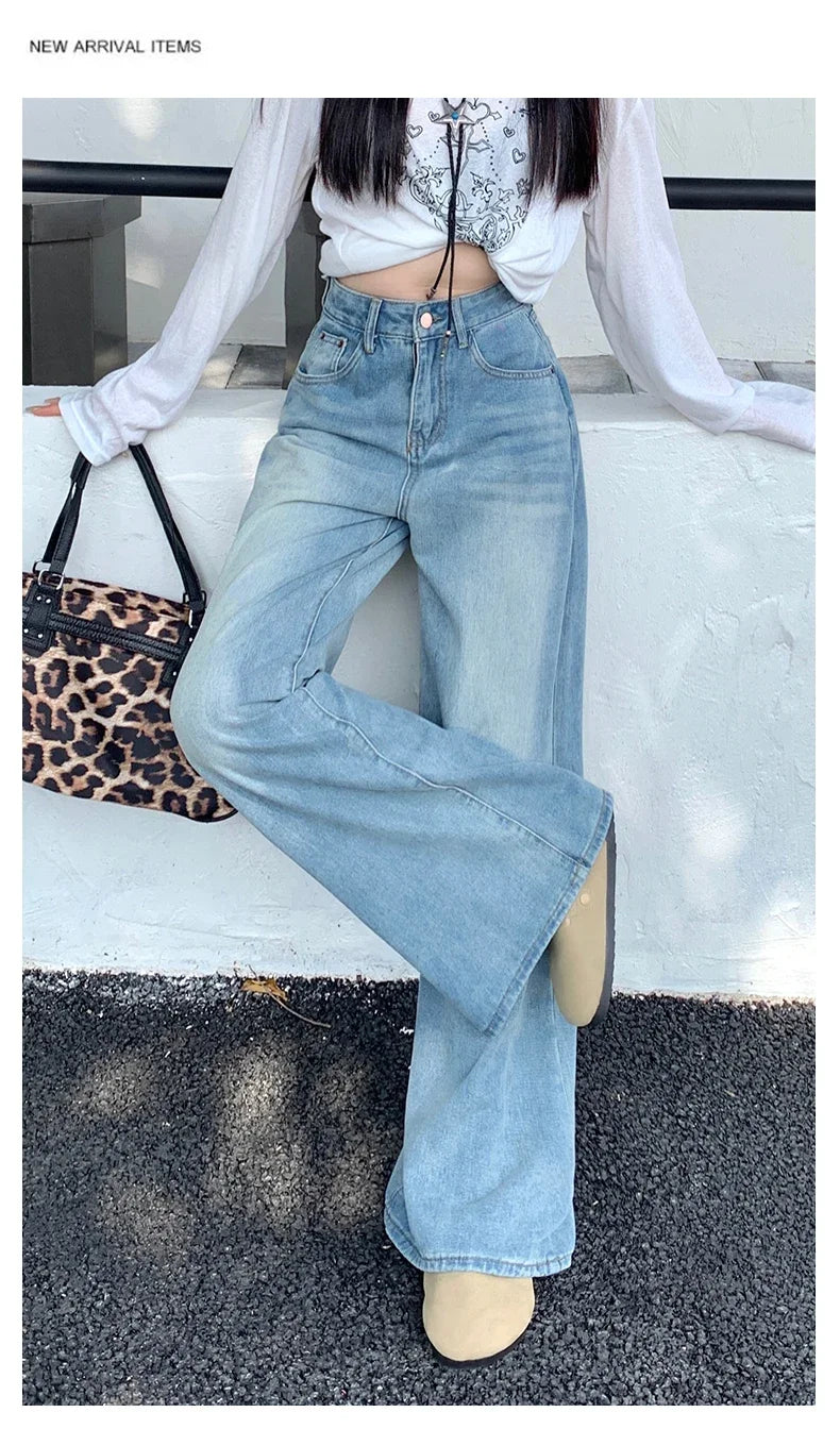 Womens Jeans Denim Pants 2025 Euramerican High Waist Girl Style Colorful Straight Leg Wide Leg Trousers