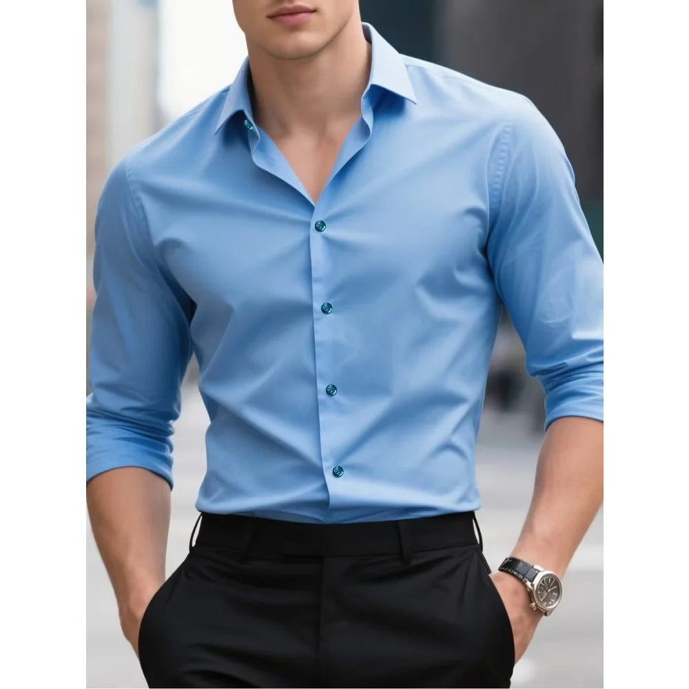 Men's Solid Color Long Sleeve Shirt – Smart Casual Elastic Business Shirt, 2025 Four-Season Wear