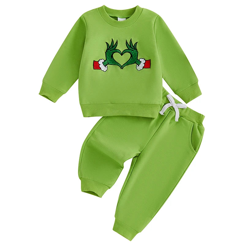 Baby Boy Girl Christmas Outfit Green Monster Long Sleeve Sweatshirt Solid Long Pants 2 Piece Set