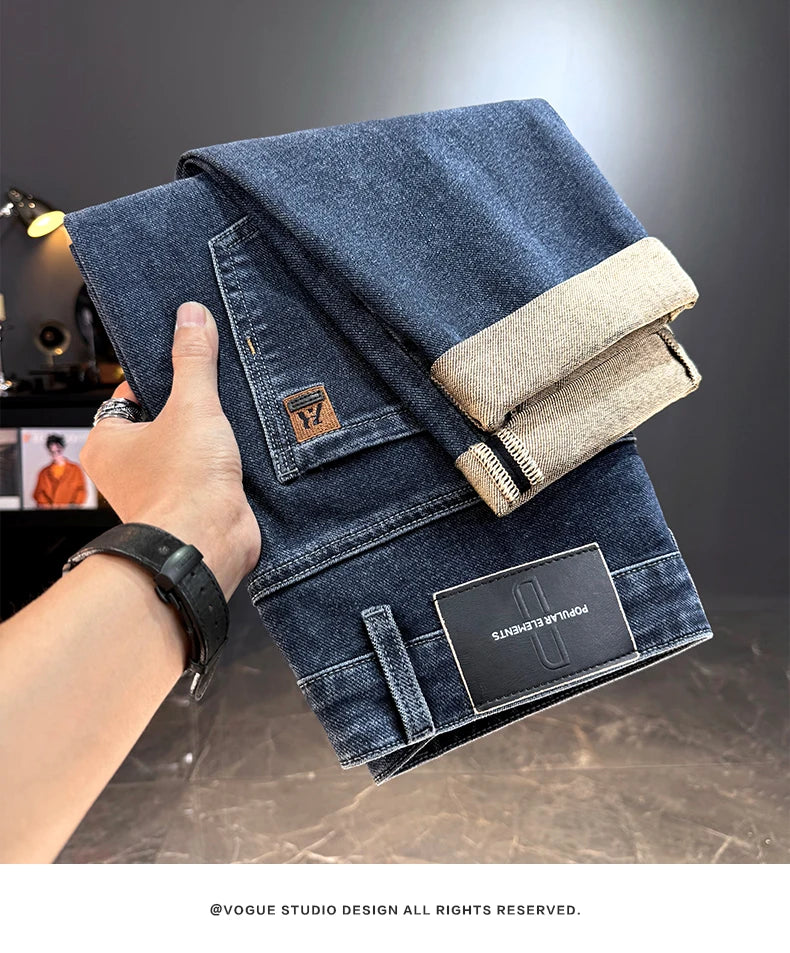 Men's Classic Straight Leg Stretch Jeans - Casual Autumn Winter Denim Trousers