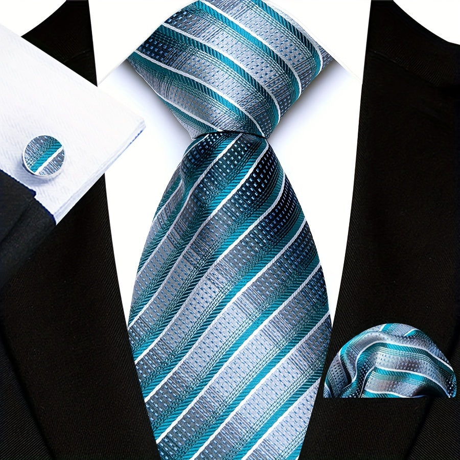 3pcs/set Plaid Pattern Tie Pocket Scarf Cuff Set for Suits - Premium Polyester Woven Accessories - Ideal Gift Choice for Mens Formal Occasions