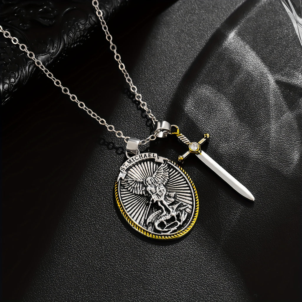 1pc Mens Fashionable Vintage-Inspired Oval Shield Knight Sword Necklace Pendant - Durable Alloy Material - Unique Gift for Him