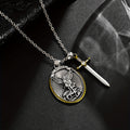 1pc Mens Fashionable Vintage-Inspired Oval Shield Knight Sword Necklace Pendant - Durable Alloy Material - Unique Gift for Him