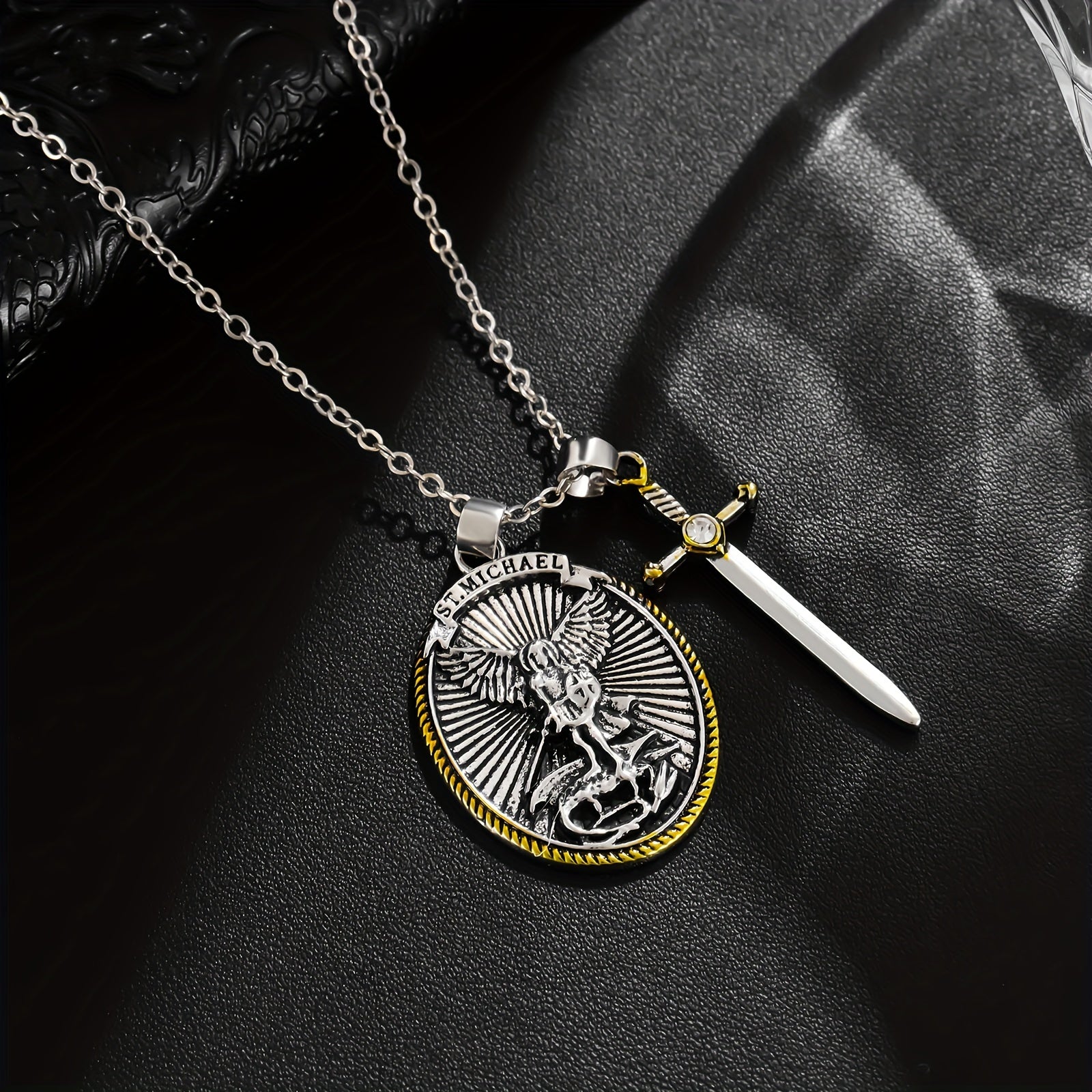 1pc Mens Fashionable Vintage-Inspired Oval Shield Knight Sword Necklace Pendant - Durable Alloy Material - Unique Gift for Him