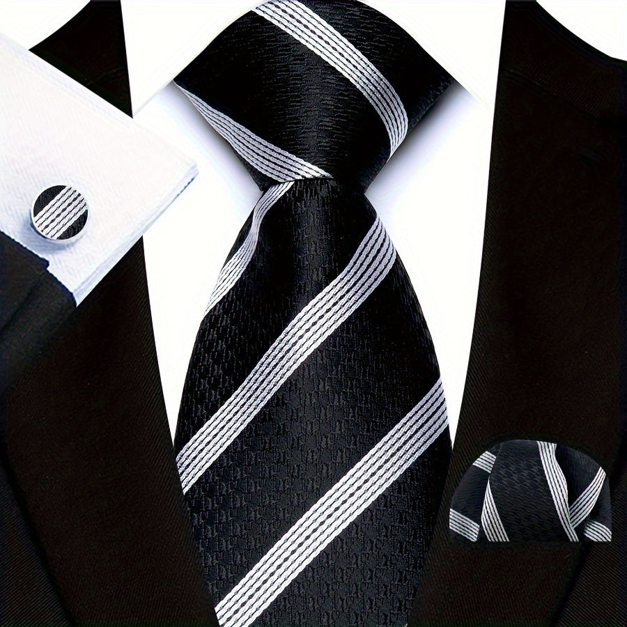 3pcs/set Plaid Pattern Tie Pocket Scarf Cuff Set for Suits - Premium Polyester Woven Accessories - Ideal Gift Choice for Mens Formal Occasions