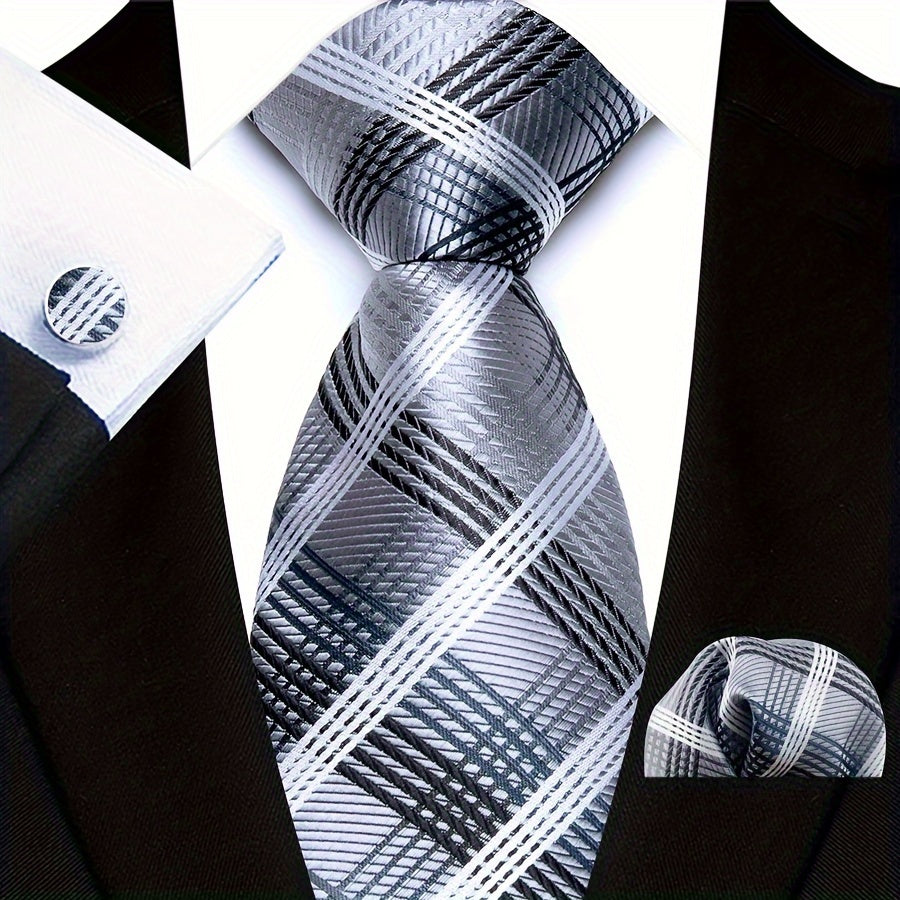 3pcs/set Plaid Pattern Tie Pocket Scarf Cuff Set for Suits - Premium Polyester Woven Accessories - Ideal Gift Choice for Mens Formal Occasions