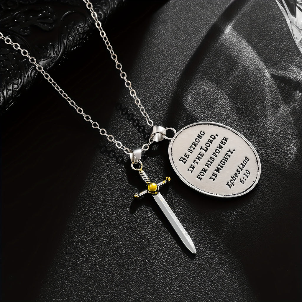 1pc Mens Fashionable Vintage-Inspired Oval Shield Knight Sword Necklace Pendant - Durable Alloy Material - Unique Gift for Him