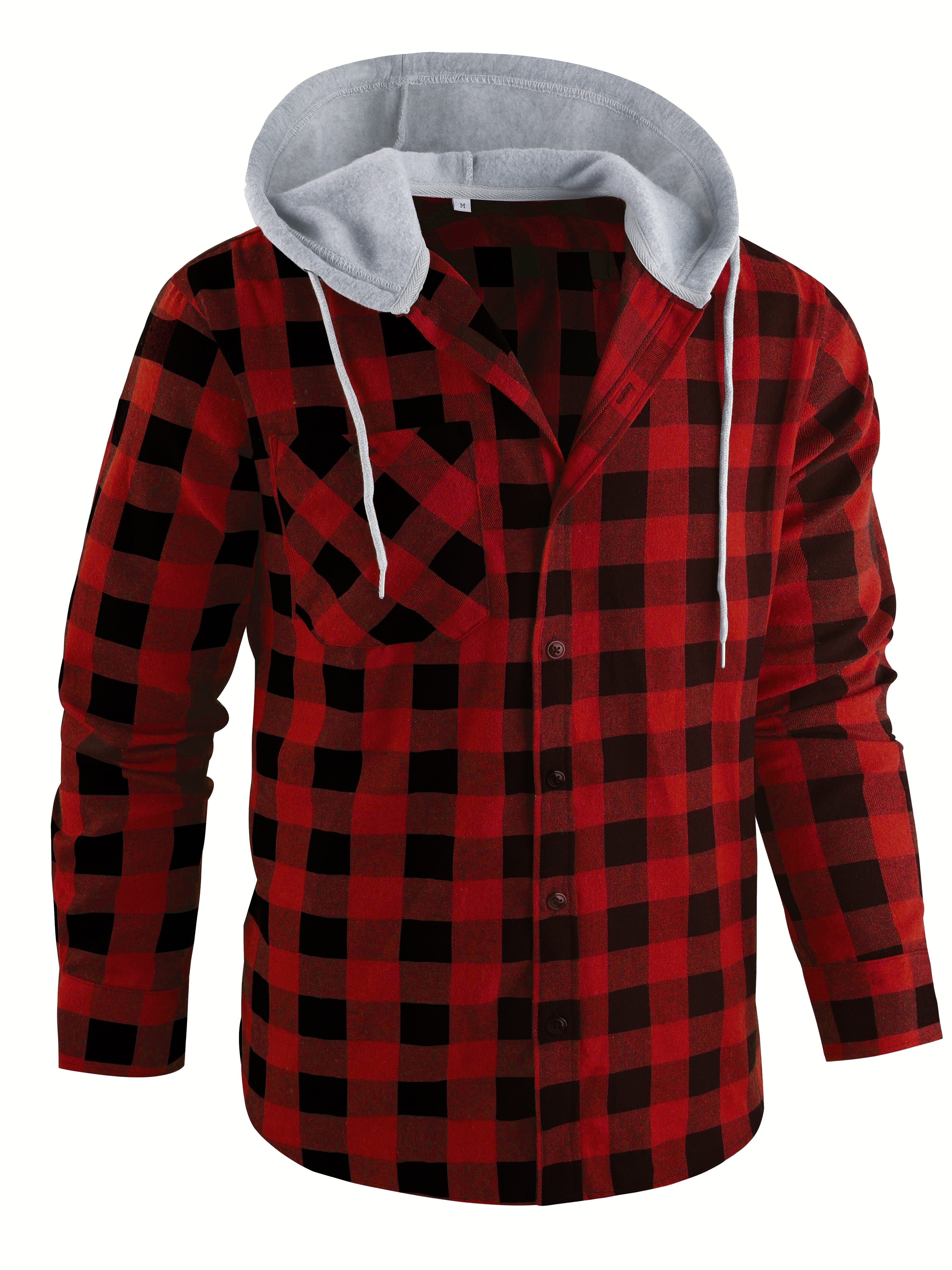 Mens Hooded Flannel Plaid Shirt - Stylish & Comfortable Casual Wear - Drawstring Hood, Button Up, Multiple Colors - Perfect for Spring & Summer - Lightweight, Breathable Fabric for Everyday Style