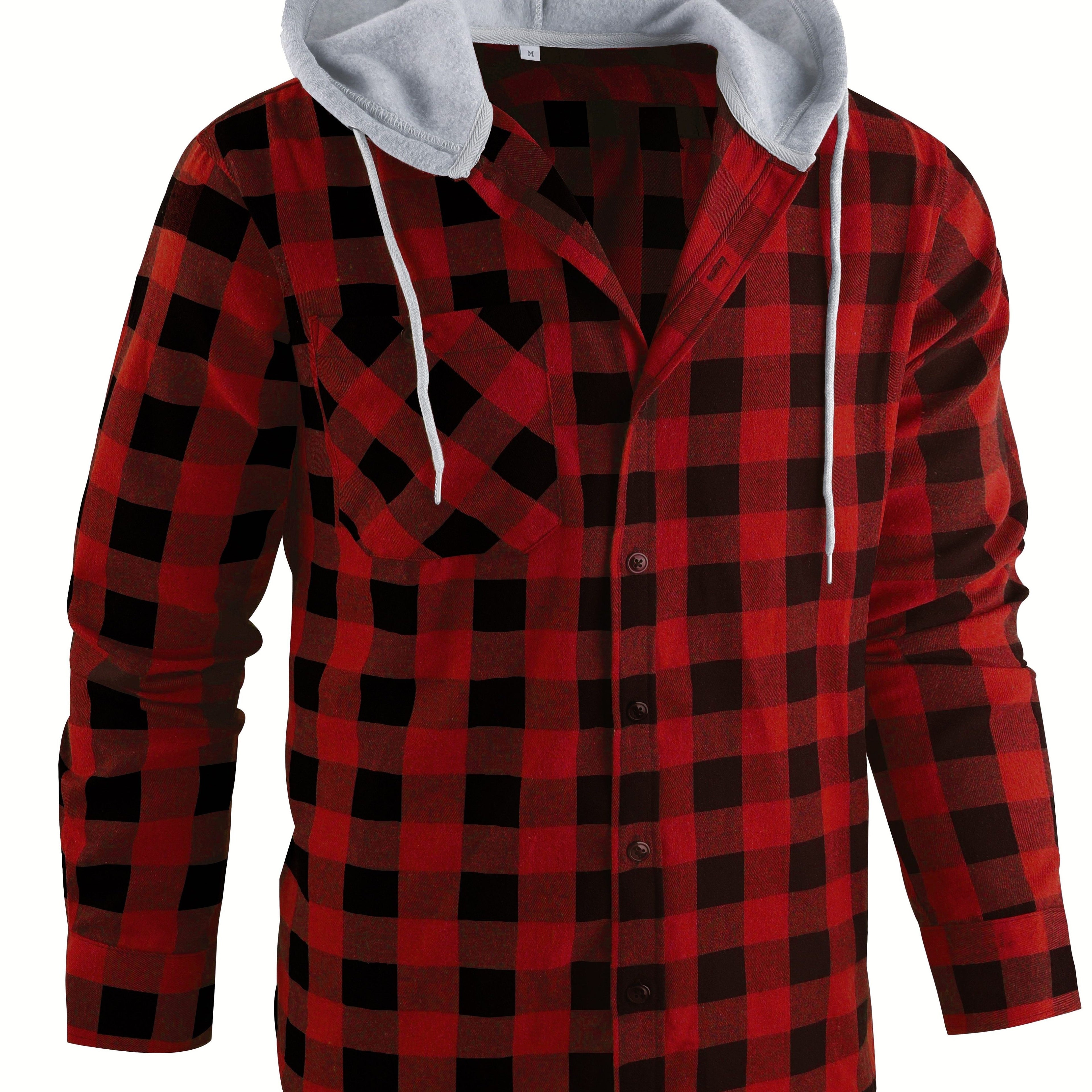 Mens Hooded Flannel Plaid Shirt - Stylish & Comfortable Casual Wear - Drawstring Hood, Button Up, Multiple Colors - Perfect for Spring & Summer - Lightweight, Breathable Fabric for Everyday Style
