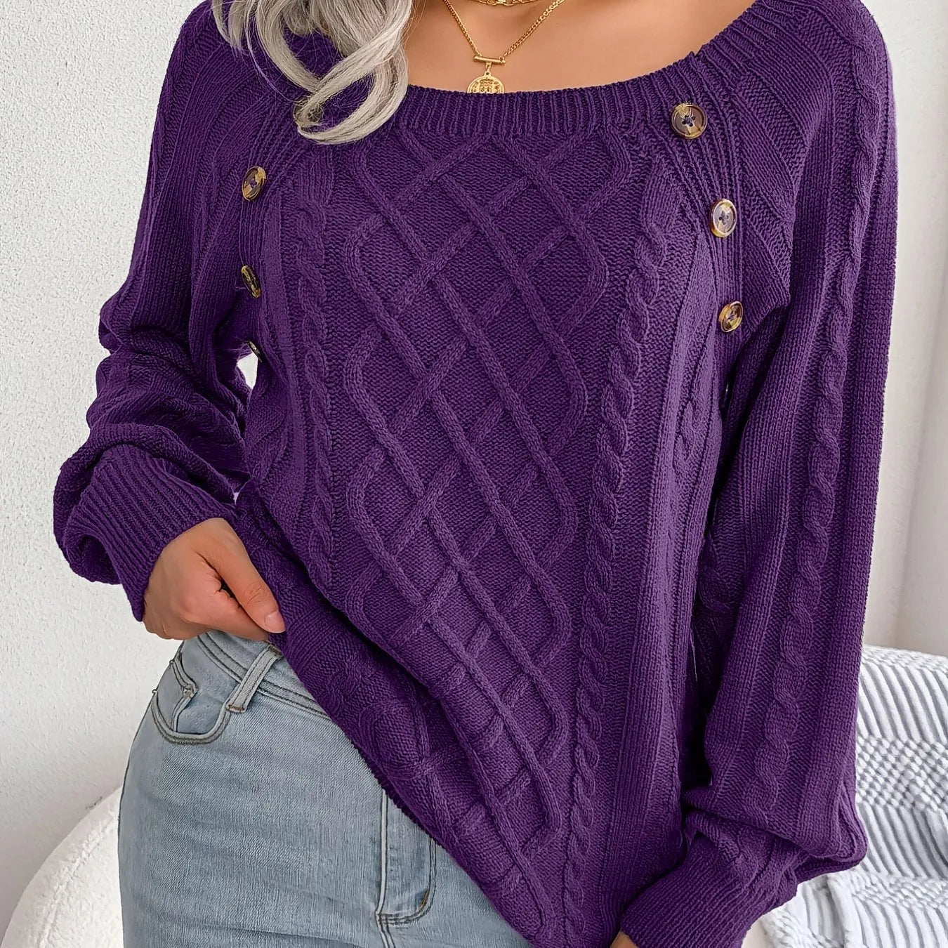 Women's Sweater Round Neck Texture Button Lantern Sleeve Sweater