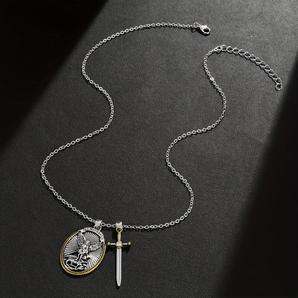 1pc Mens Fashionable Vintage-Inspired Oval Shield Knight Sword Necklace Pendant - Durable Alloy Material - Unique Gift for Him