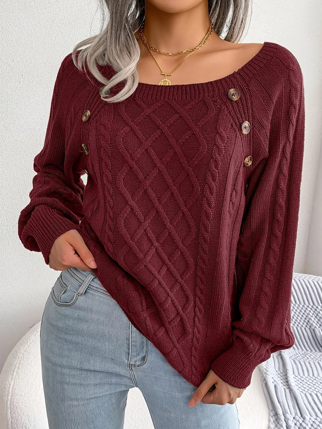 Women's Sweater Round Neck Texture Button Lantern Sleeve Sweater
