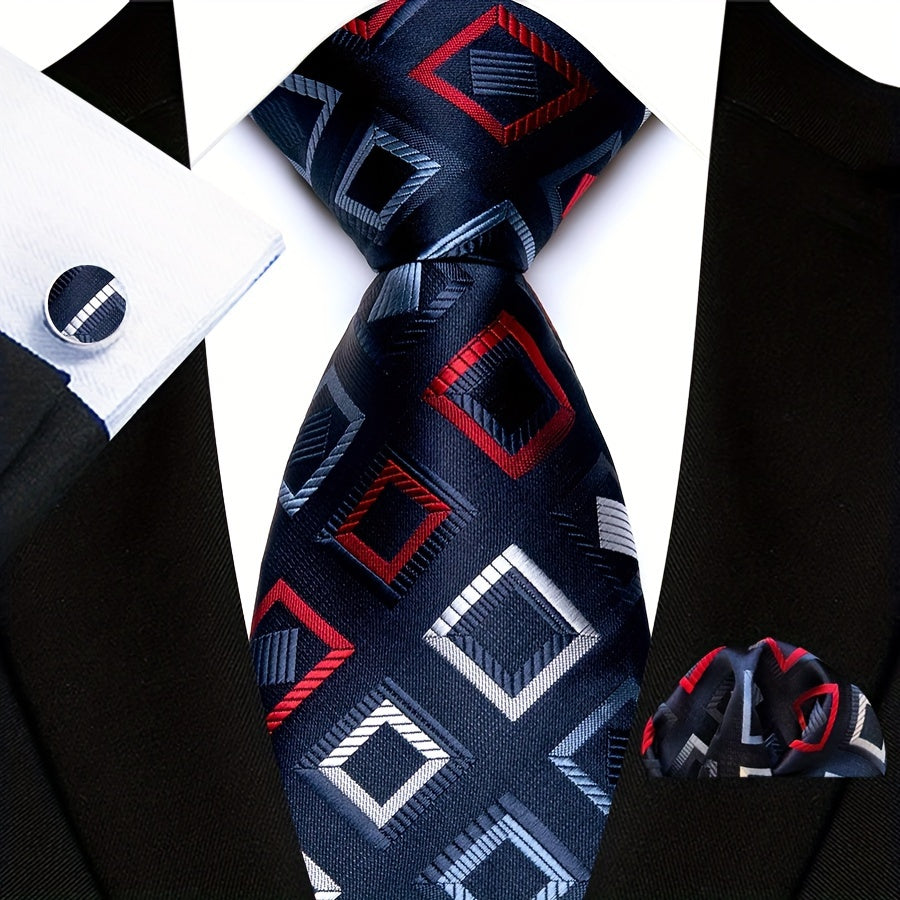 3pcs/set Plaid Pattern Tie Pocket Scarf Cuff Set for Suits - Premium Polyester Woven Accessories - Ideal Gift Choice for Mens Formal Occasions
