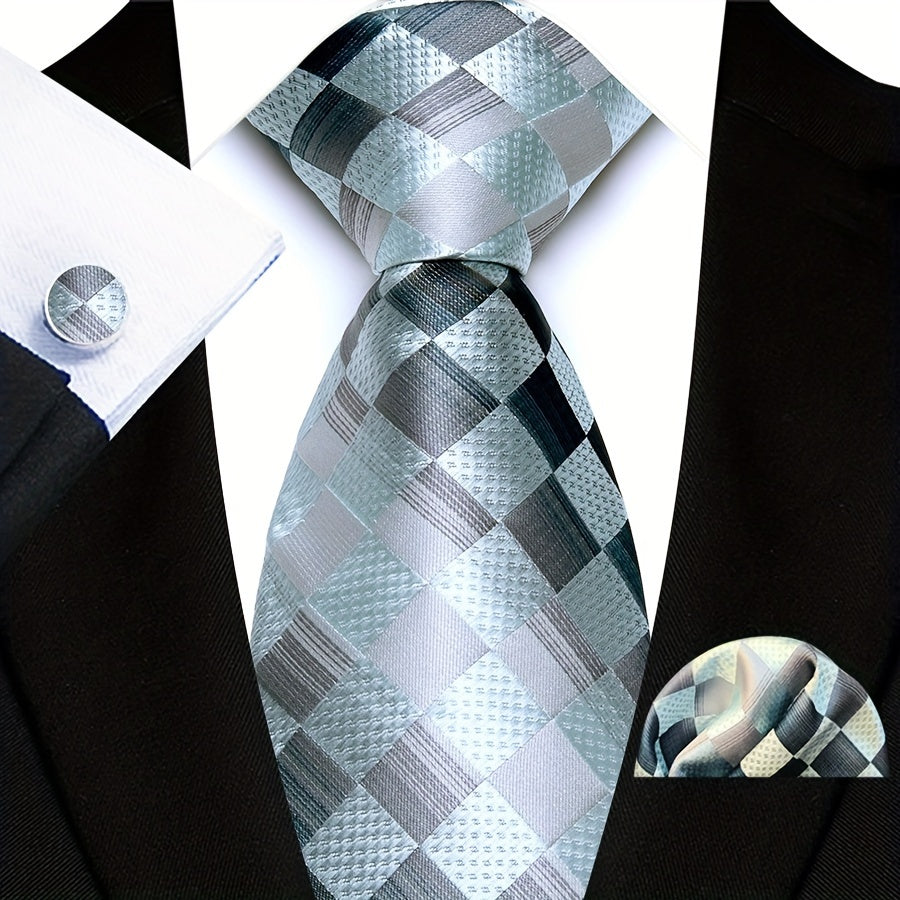 3pcs/set Plaid Pattern Tie Pocket Scarf Cuff Set for Suits - Premium Polyester Woven Accessories - Ideal Gift Choice for Mens Formal Occasions