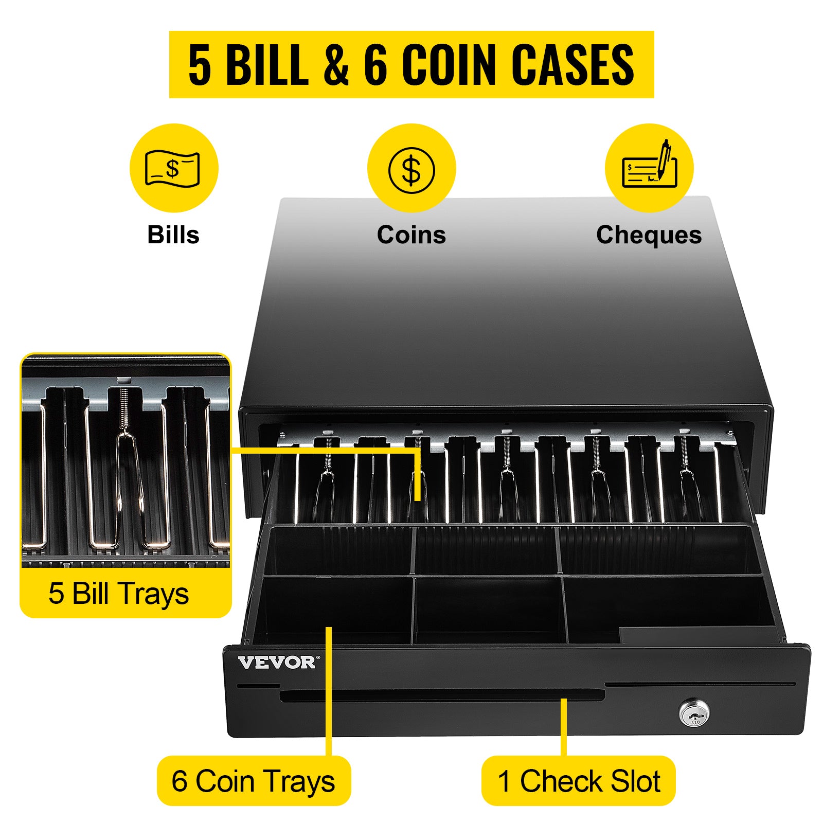 VEVOR Cash Register Drawer 16" 12 V for POS System Tray Removable Coin Compartment & 2 Keys Included RJ11/RJ12 Cable Drawer - trendingshoping.com